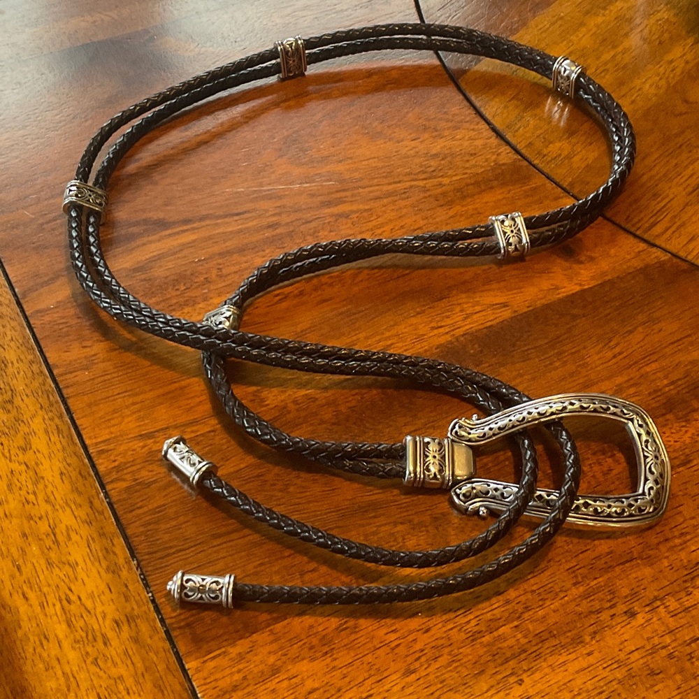Braided Leather Bolo Tie with Ornate Silver-Tone Accents